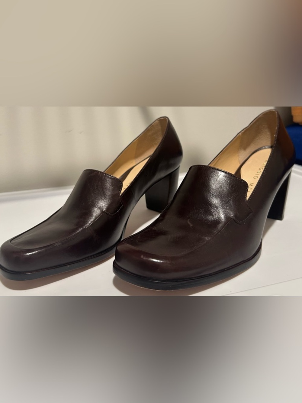 ANTONIO MELANI Dark Brown Leather Block Heel shoes 8.5